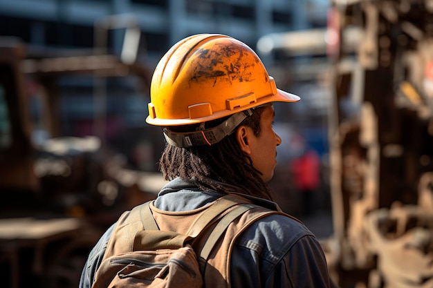 Vue arrière d'une ouvrière portant un casque de sécurité et travaillant sur un chantier de construction ai générative