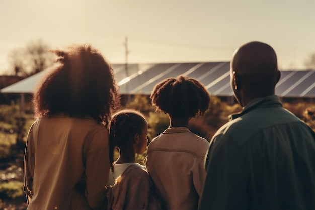 Vue arrière des panneaux solaires avant de la famille afro-américaine Generative AI