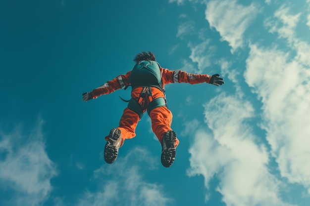 Vue arrière d'un parachutiste portant une combinaison orange et un casque de protection en chute libre Athlète avec un parachute sur le fond d'un ciel bleu avec des nuages blancs