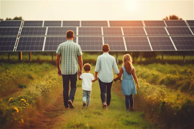 Vue arrière d'un père marchant avec trois enfants devant des panneaux solaires sur le terrain Generative AI