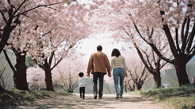 Vue arrière d'un père mère et d'un bébé marchant dans le parc de fleurs de cerisier