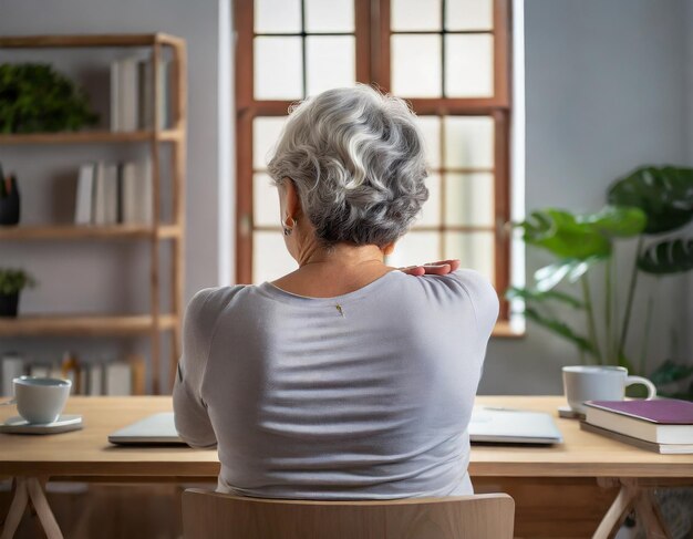 Photo vue arrière d'une personne âgée dans un bureau à domicile accroupie sur un bureau indiquant des signes de stress et de pote...