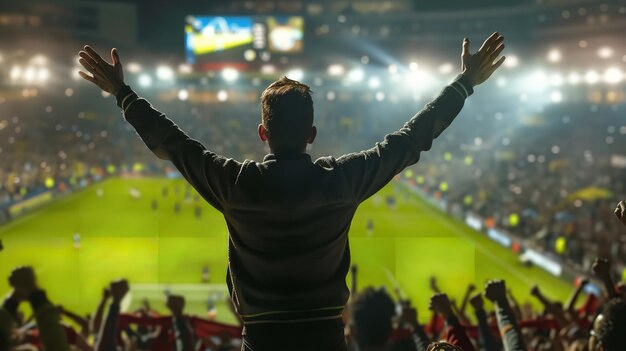 Vue arrière d'une personne debout devant une grande foule dans le stade lors d'un match de football du soir avec un grand espace pour le texte IA générative