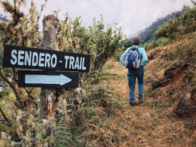 Vue arrière d'une personne faisant de la randonnée en montagne