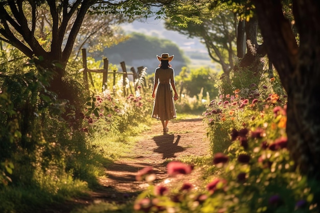 Vue arrière d'une personne se promenant sur un chemin bordé de fleurs vibrantes atmosphère sereine