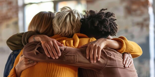 Photo vue arrière de personnes diverses s'étreignant