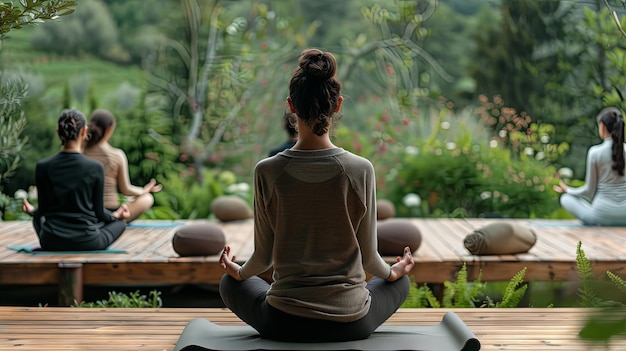 Vue arrière de personnes inconnues effectuant la pose de yoga Padmasana sur une plate-forme en bois