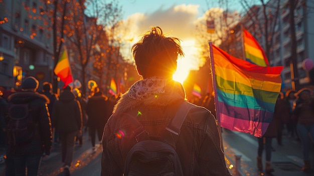 Vue arrière de personnes LGBT tenant des drapeaux défilant dans la rue générée par l'IA