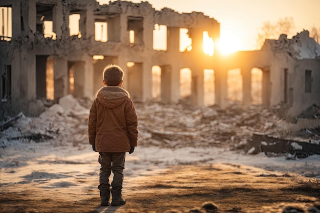 Photo vue arrière d'un petit garçon se tient devant les ruines ai générative