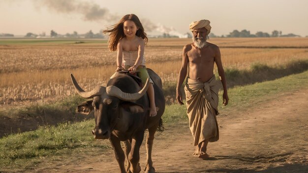 Vue arrière petite fille asiatique à cheval sur un buffle et grand-père sans chemise et turban loincloth walki