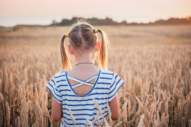 Vue arrière d'une petite fille avec deux queues de cheval dans le champ de blé jaune au coucher du soleil paysage d'été, arrière-plan agricole d'été avec des pointes de blé mûr