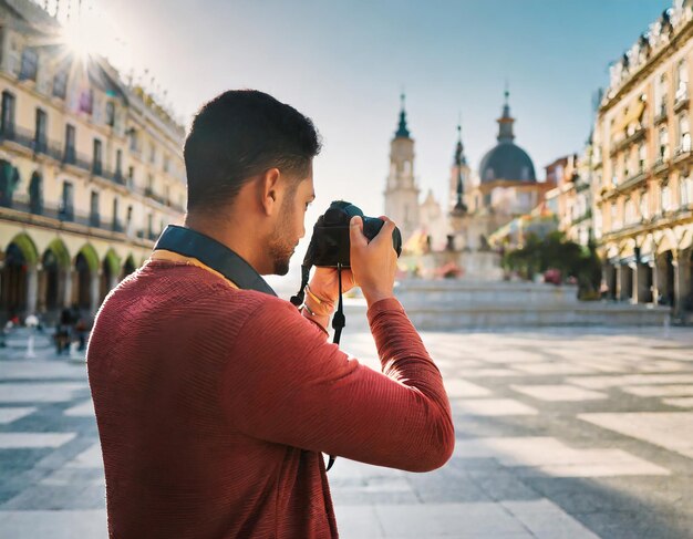 Vue arrière d'un photographe masculin capturant un moment avec une caméra à la main se concentrant sur la scène à travers le...