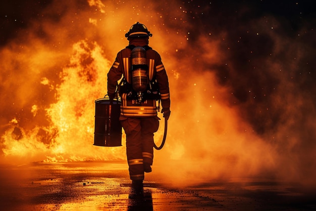 Photo vue arrière d'un pompier devant un incendie