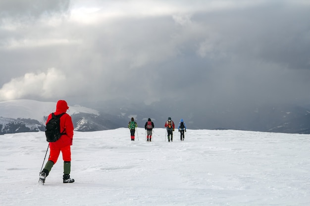 Vue Arrière Des Randonneurs Marchant Sur La Colline Couverte De Neige Dans Les Montagnes D'hiver.