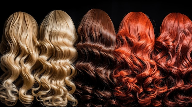 Vue arrière d'une rangée de perruques d'extensions de cheveux de différentes couleurs sur fond noir