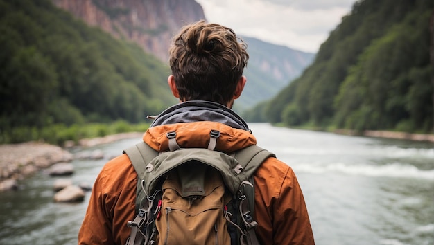 vue arrière d'un routard avec une rivière en arrière-plan