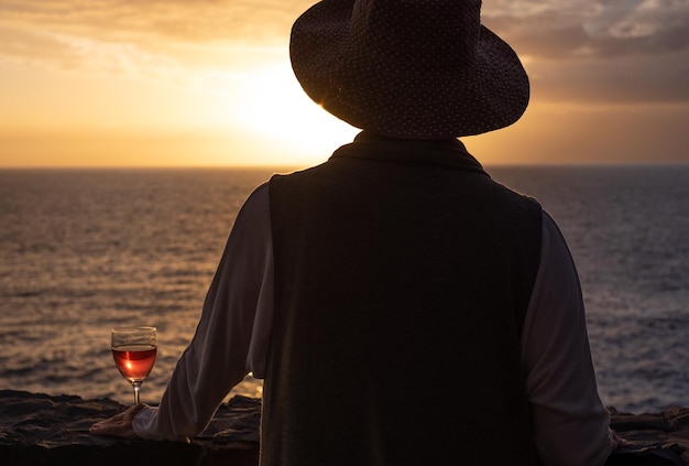 Vue arrière de la silhouette d'une femme âgée debout devant la mer avec un verre de vin au coucher du soleil