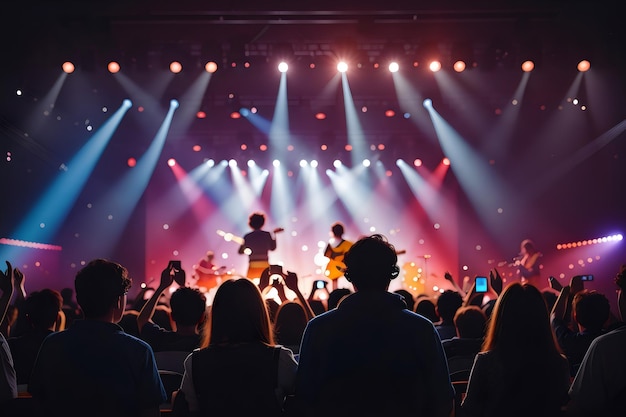 vue arrière de la silhouette d'un groupe de personnes regardant un concert de musique avec différentes lumières