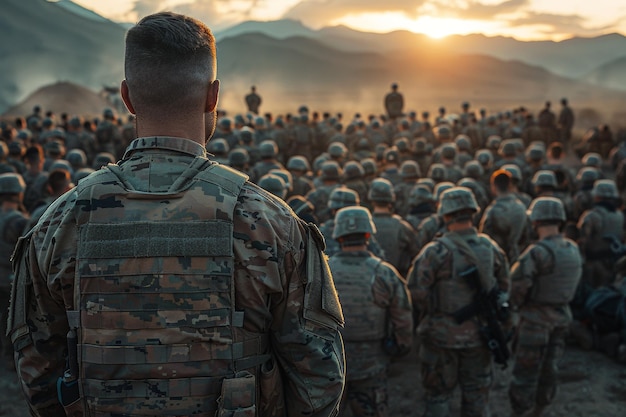 Vue arrière d'un soldat face à un bataillon au lever du soleil lors d'un briefing d'opération militaire