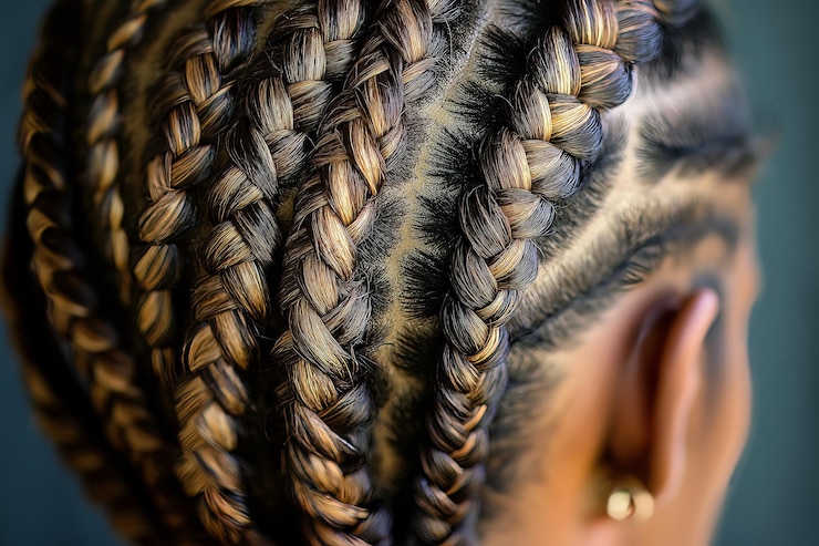 Photo vue arrière d'une tête avec des tresses magnifiquement disposées mettant en valeur le design artistique et la symétrie