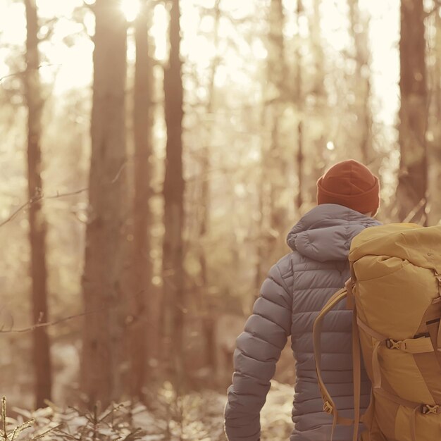 vue arrière d'un touriste avec sac à dos en randonnée hivernale en Norvège / un homme portant un sac à dos dans un paysage hivernal norvégien.