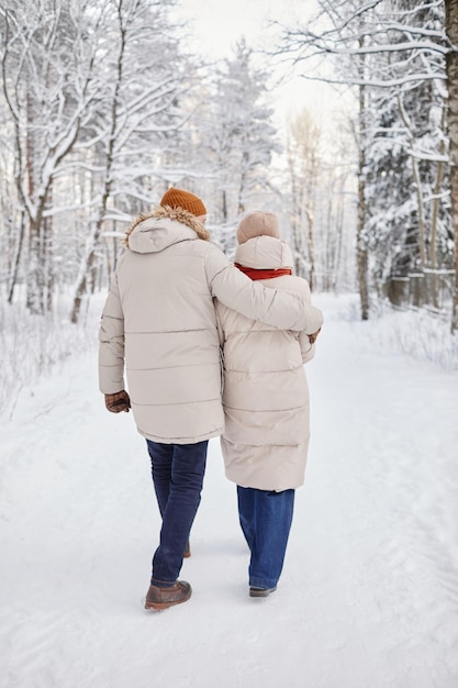 Vue arrière verticale d'un couple adulte profitant d'une promenade dans la forêt d'hiver et s'embrassant tendrement