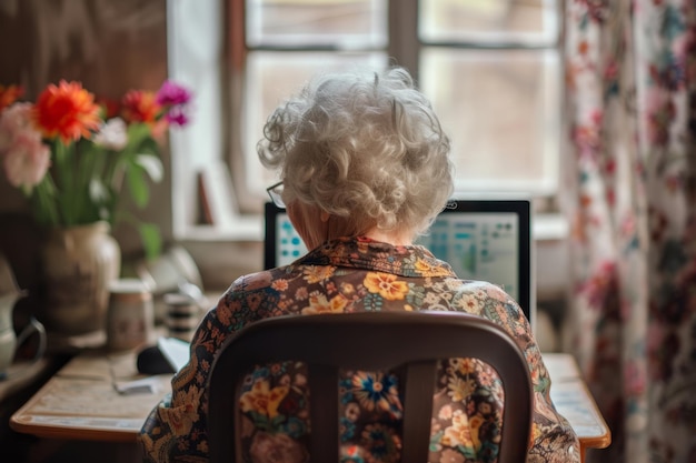 Vue arrière d'une vieille dame assise à l'ordinateur AI générative