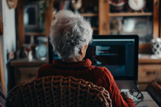 Vue arrière d'une vieille dame assise à l'ordinateur AI générative