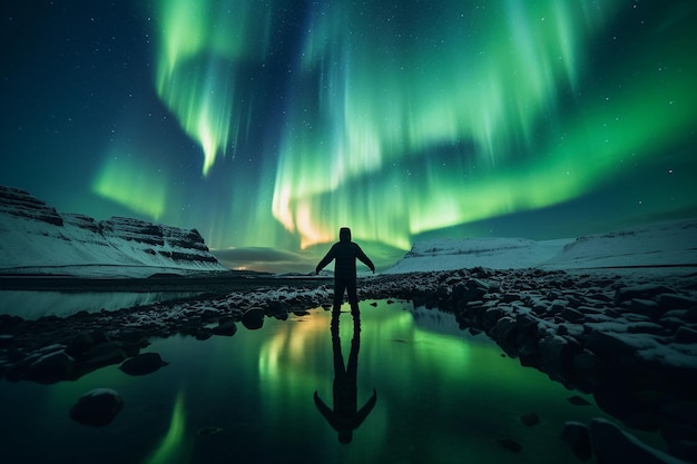 Vue arrière d'un voyageur non identifié admirant les éclairs polaires verts époustouflants pendant un voyage à travers l'Islande