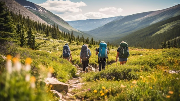 Vue arrière de voyageurs avec des sacs à dos utilisant des bâtons de randonnée lors de l'escalade de la colline herbeuse Groupe de randonneurs masculins marchant sur le sentier et se dirigeant vers la montagne brumeuse