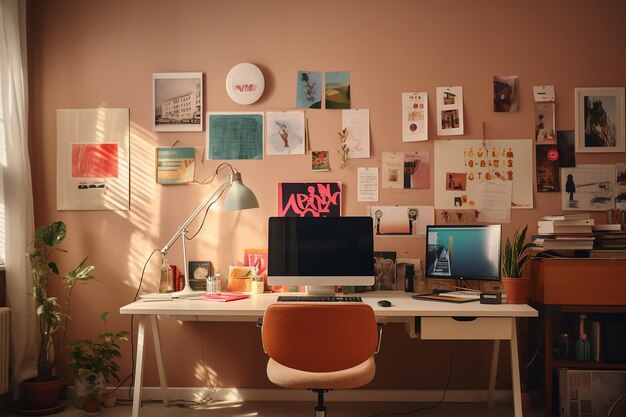 vue de l'arrière de la zone de travail bureau mur rose avec des dessins images affiches croquis