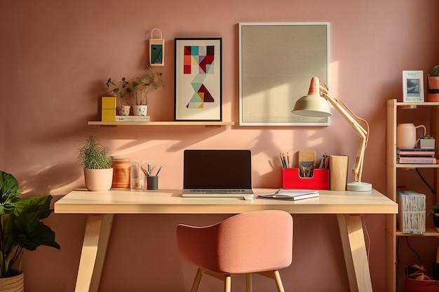 vue de l'arrière de la zone de travail bureau mur rose avec des dessins images affiches croquis