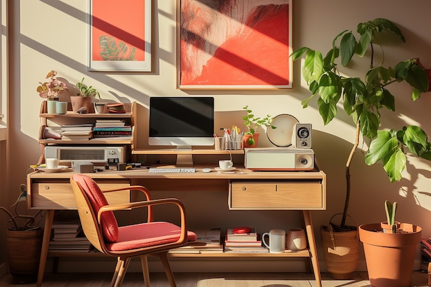 vue de l'arrière de la zone de travail bureau mur rose avec des dessins images affiches croquis