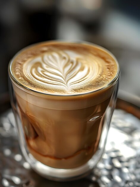 Vue artistique du haut d'un latte avec de beaux motifs de crème
