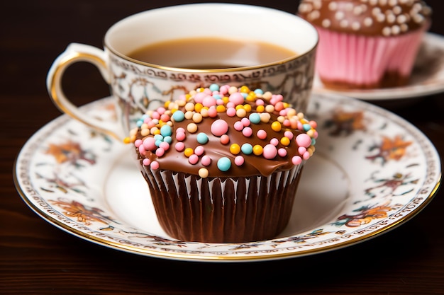 Photo vue de l'assiette avec un dessert de cupcake délicieux et sucré