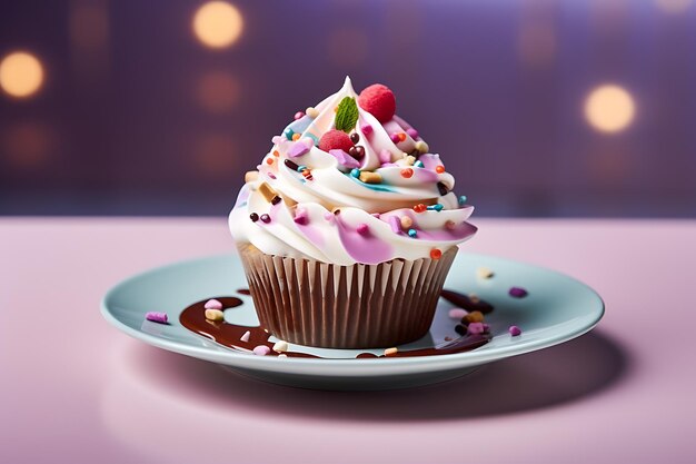 Vue de l'assiette avec un dessert de cupcake délicieux et sucré