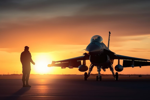 Vue au coucher du soleil du pilote d'un avion de chasse militaire.