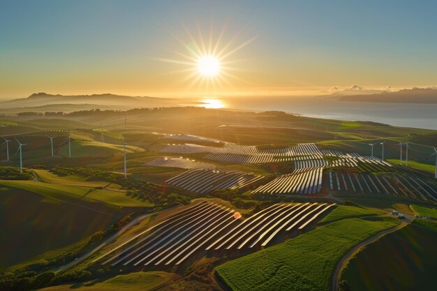 une vue au coucher du soleil d'une ferme avec un coucher de soleil sur un champ