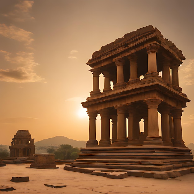 une vue au coucher du soleil d'un temple avec un coucher de soleil en arrière-plan