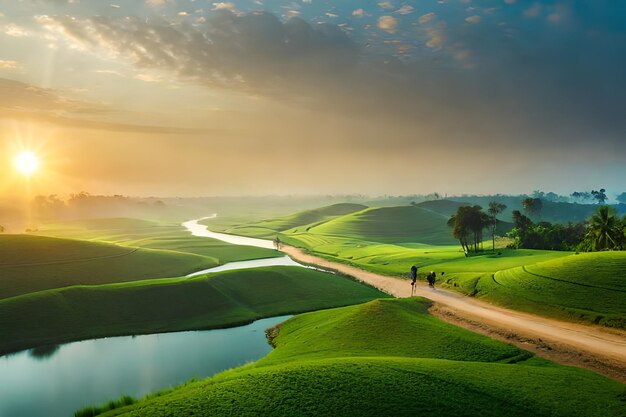 une vue au coucher du soleil d'une vallée verte avec un homme marchant sur une route de terre.