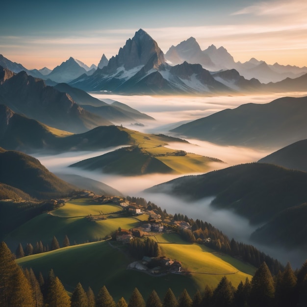 Une vue au lever du soleil sur les montagnes et la vallée en dessous.