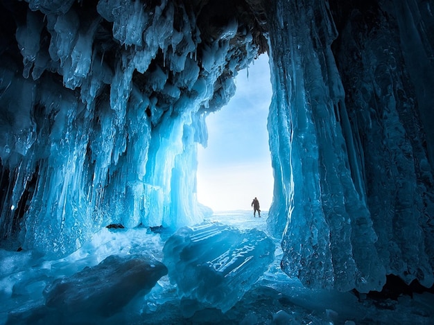 Vue au loin de l'homme debout dans la grotte gelée