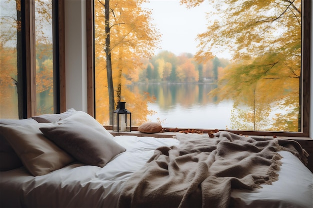 vue d'automne avec des feuilles dorées à travers la fenêtre d'une chambre à coucher