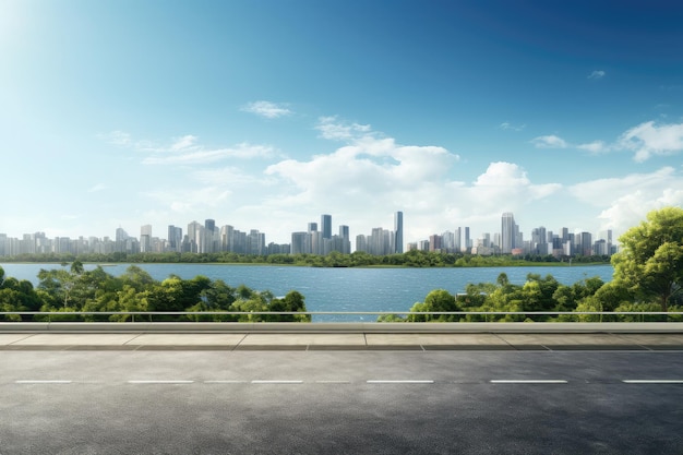 Vue sur l'autoroute avec jardin du lac et toits de la ville moderne en arrière-plan