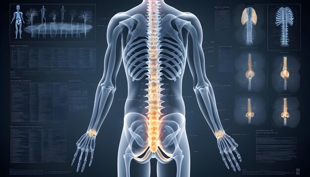 Une vue aux rayons X de toute la colonne vertébrale avec des annotations indiquant les zones de déformation