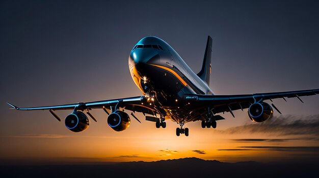 Vue avant de l'avion de passagers décollant au crépuscule généré par l'IA Arrière-plan noir