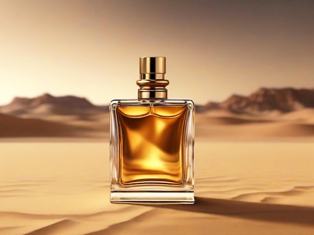 Vue d'avant dorée luxueuse d'une bouteille de parfum