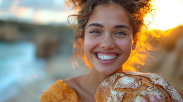 La vue de l'avant d'une femme qui rit avec du pain sur ses épaules est encadrée par le coucher de soleil en arrière-plan