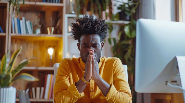 Photo vue d'avant frustré millénaire afro-américain assis à capable avec l'ordinateur priant dieu avec les mains croisées demandant bonne chance avant de commencer les affaires jeune homme biracial espérant prendre une décision