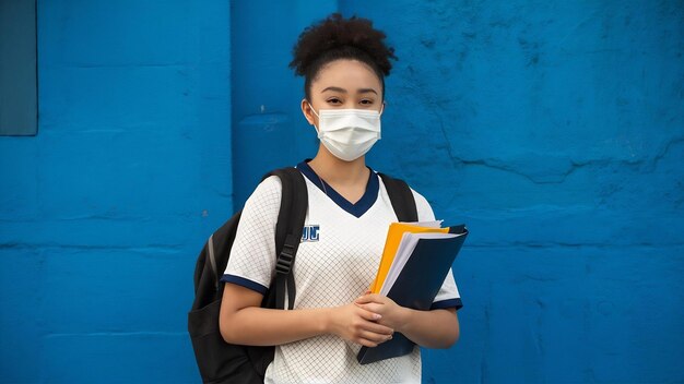 Photo vue d'avant jeune étudiante en maillot blanc portant un masque et un sac à dos tenant des fichiers sur un wal bleu